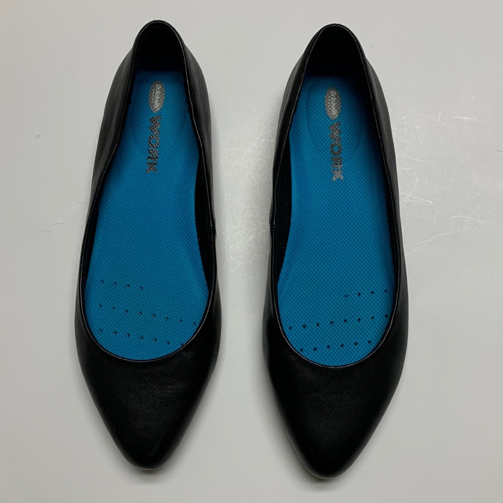 Super Comfy Dr. Scholl’s Work Black Leather Pointed Toe Flats